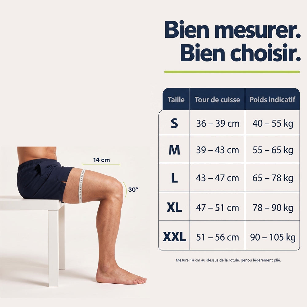 Guide des tailles : tour de cuisse 14 cm au-dessus de la rotule